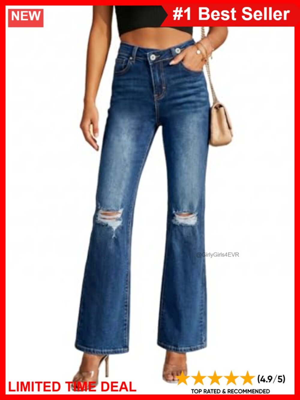 High Waisted Flared Ripped Stretch Denim Jeans for Women